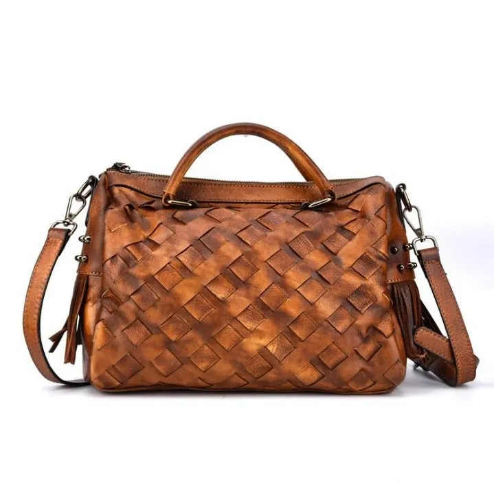 Women's Woven Leather Handbag Purse With Fringe Boho Purses For Women