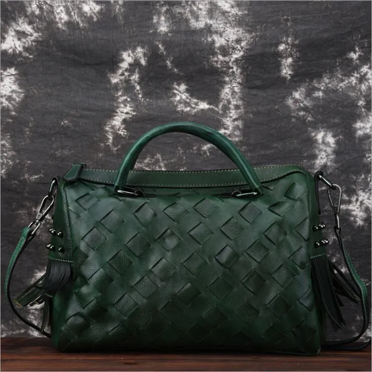 Women's Woven Leather Handbag Purse With Fringe Boho Purses For Women