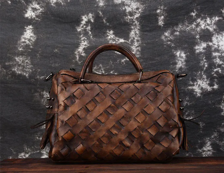 Women's Woven Leather Handbag Purse With Fringe Boho Purses For Women