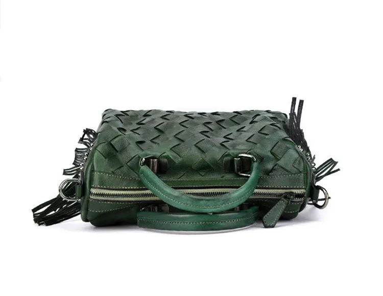 Women's Woven Leather Handbag Purse With Fringe Boho Purses For Women