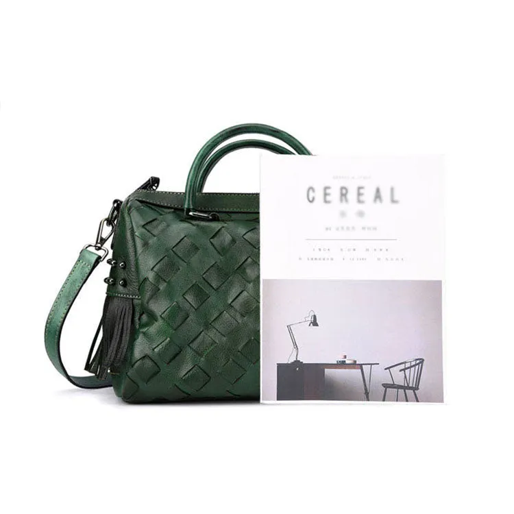 Women's Woven Leather Handbag Purse With Fringe Boho Purses For Women