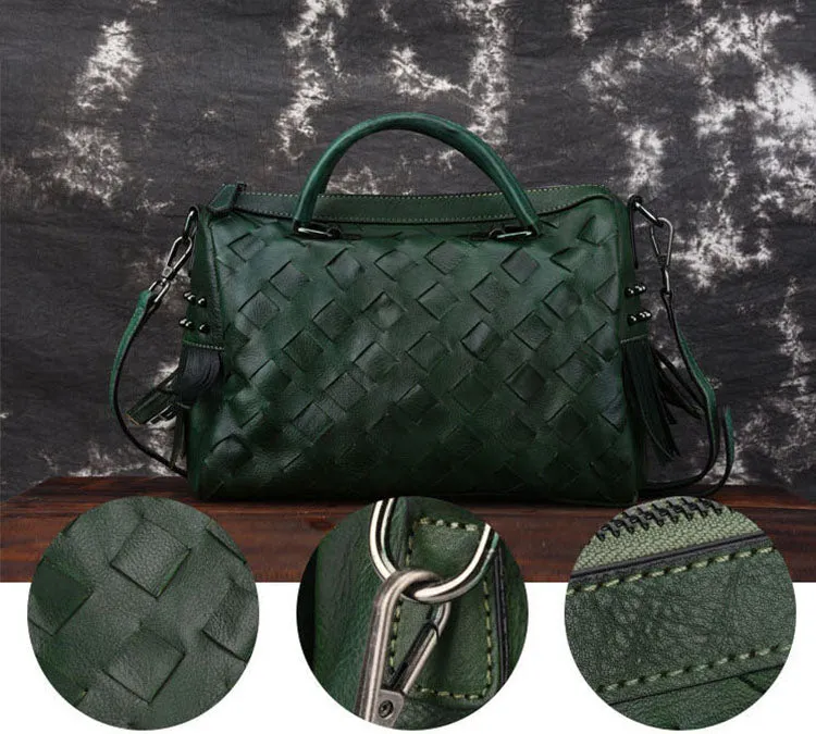 Women's Woven Leather Handbag Purse With Fringe Boho Purses For Women