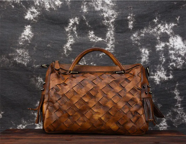 Women's Woven Leather Handbag Purse With Fringe Boho Purses For Women