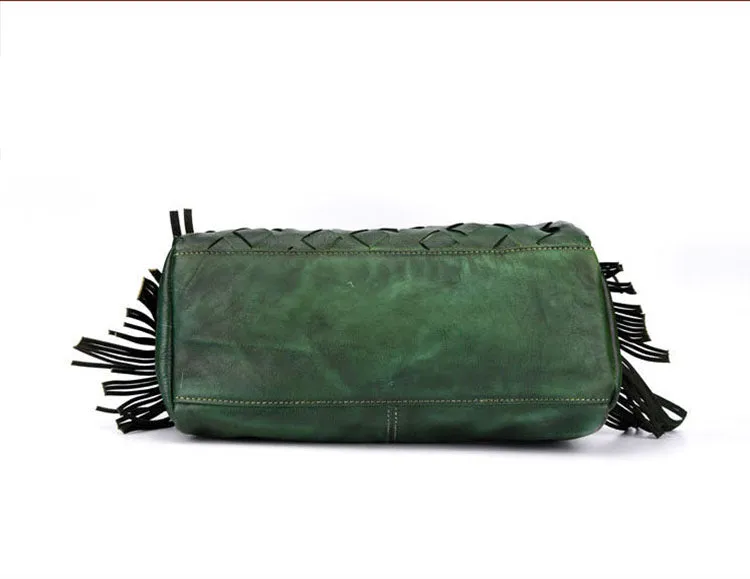 Women's Woven Leather Handbag Purse With Fringe Boho Purses For Women