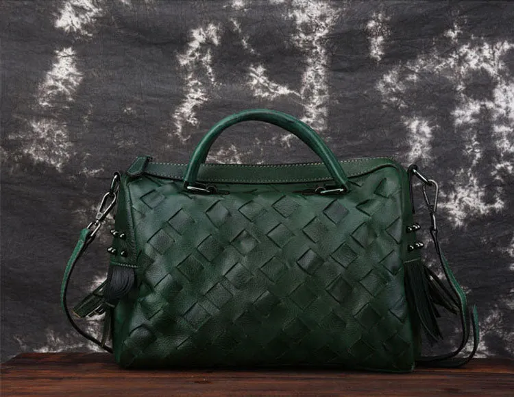 Women's Woven Leather Handbag Purse With Fringe Boho Purses For Women