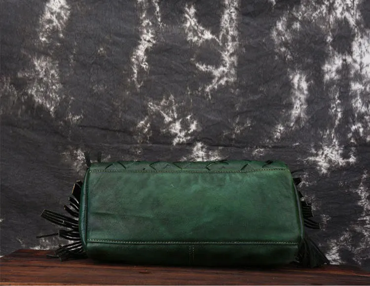 Women's Woven Leather Handbag Purse With Fringe Boho Purses For Women