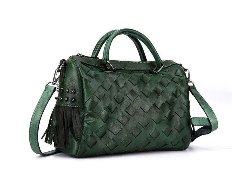 Women's Woven Leather Handbag Purse With Fringe Boho Purses For Women