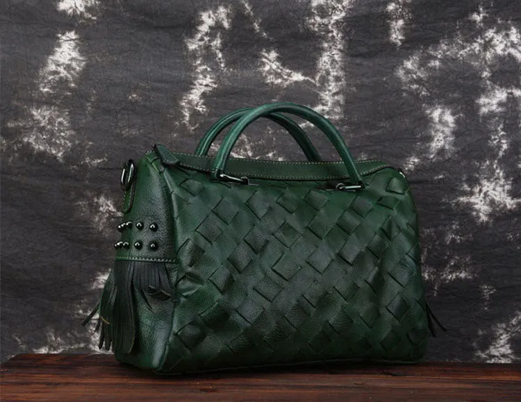 Women's Woven Leather Handbag Purse With Fringe Boho Purses For Women
