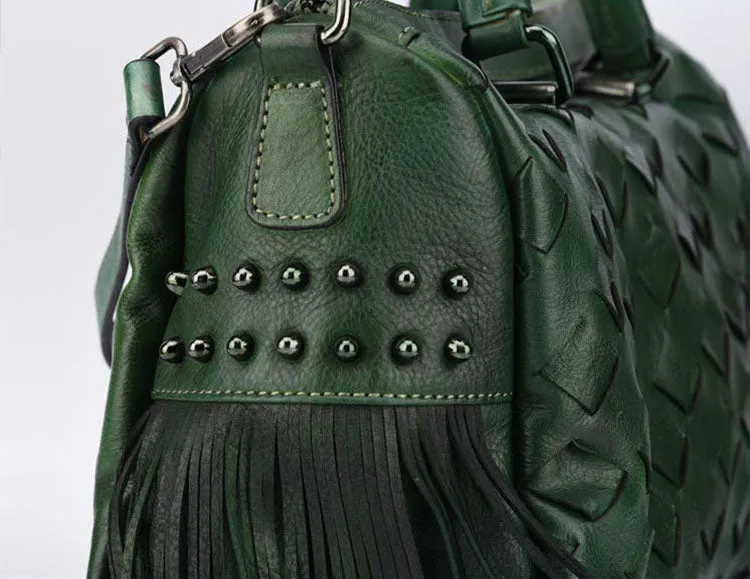 Women's Woven Leather Handbag Purse With Fringe Boho Purses For Women